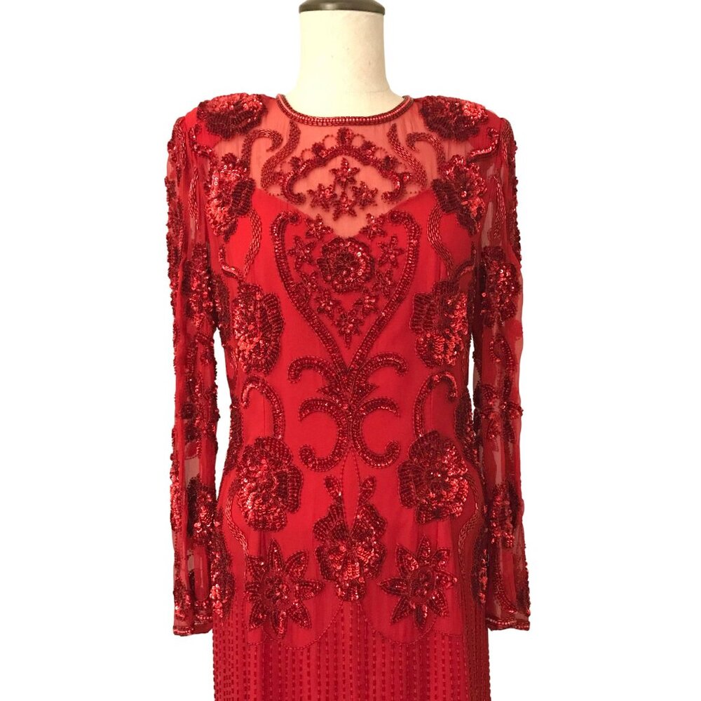 Vintage Red Sequin Gown | Scala Silk Evening Dress | Beaded Long Sleeve Formal |